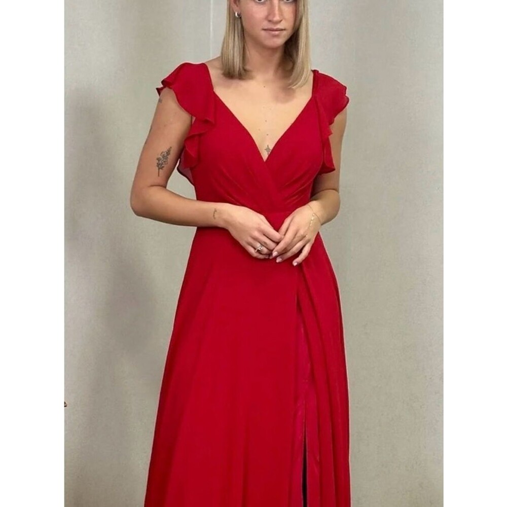 David's Bridal Red Ruffle Sleeve V-Neck Maxi Dress